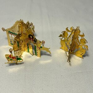 Vintage 1998 CR Santa's Toy Shop Metal Christmas Ornament Reindeer Sleigh Angels